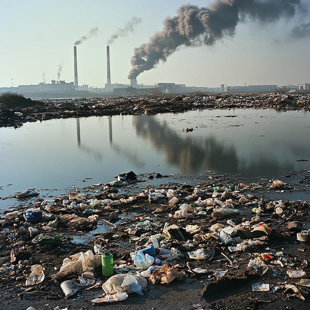 Photo a large body of water with a factory in the background