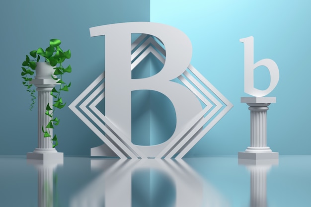 Large bold letter B in composition with greek columns and potted plants