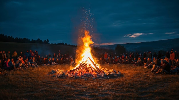 Photo a large bonfire surrounded by a crowd gathered for a nighttime event