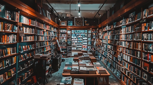 A large bookstore with wooden shelves filled with books A long table in the center of the store is covered in books