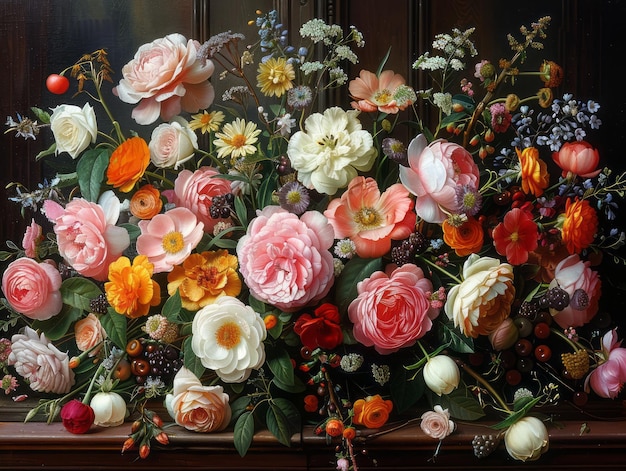 a large bouquet of flowers is displayed in a room