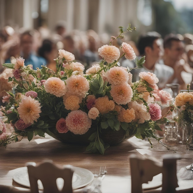 a large bouquet of flowers is on a table with people in the background