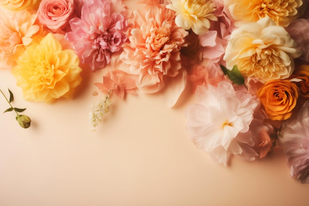 A large bouquet of flowers on a peach background