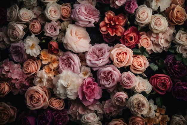 A large bouquet of roses is surrounded by other flowers.