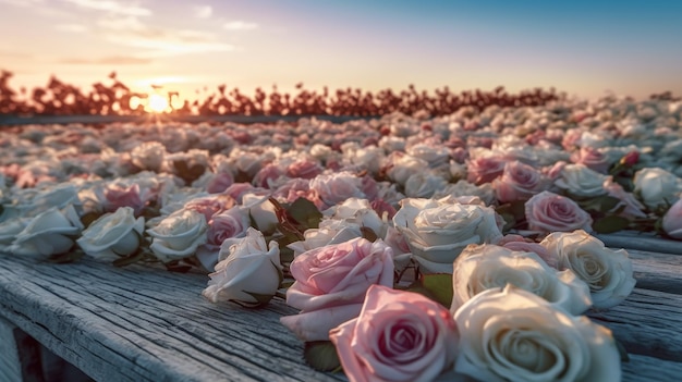 A large bouquet of roses sits on a table at sunset.