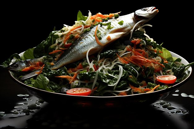 A large bowl of food with fish and vegetables