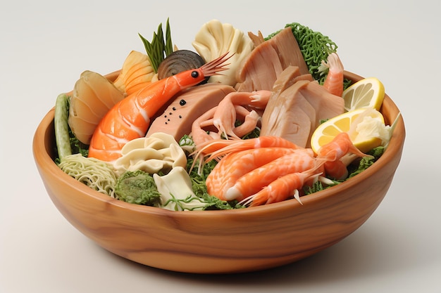 A large bowl of food with fish and vegetables