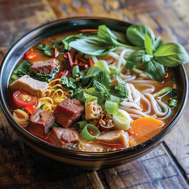 large bowl of Lao noodles bright colors soft noodles beef and fresh vegetables eggs added hot soup