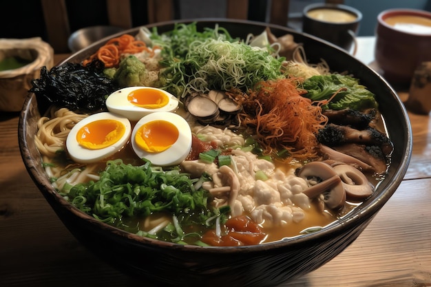 A large bowl of ramen with lots of broth