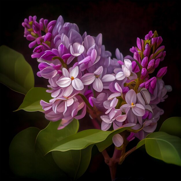 A large branch of lilac blossoms Spring blue lilac flowers close up on blurred background AI generated image