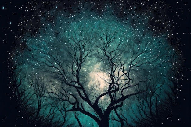 Large branching tree in nebula on starfall night