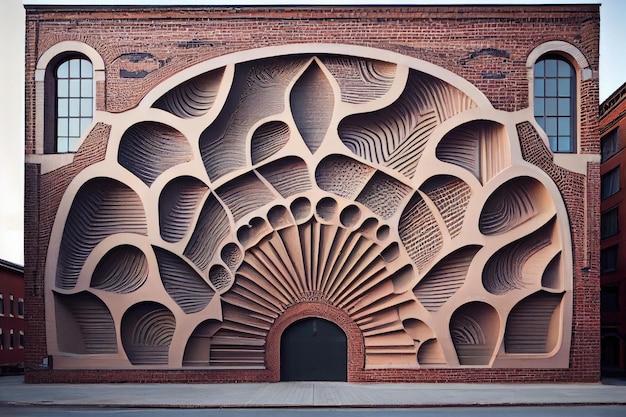 A large brick wall with an intricate pattern in a warehouse or factory