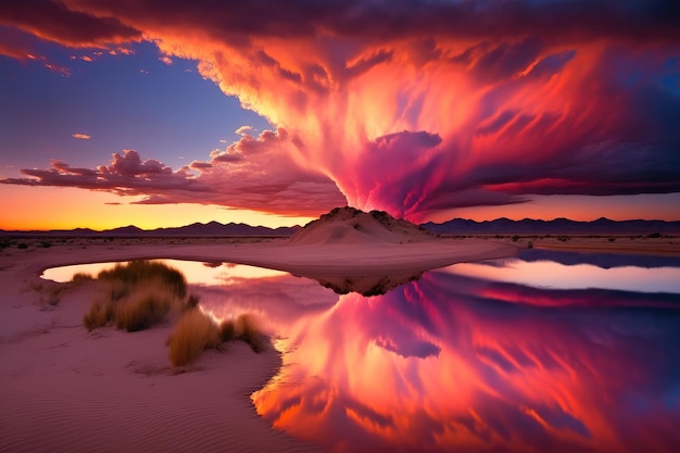 Large bright pink sunset cloud over sand dunes of desert lake in the desert