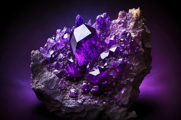 Large bright purple mineral crystal on dark background