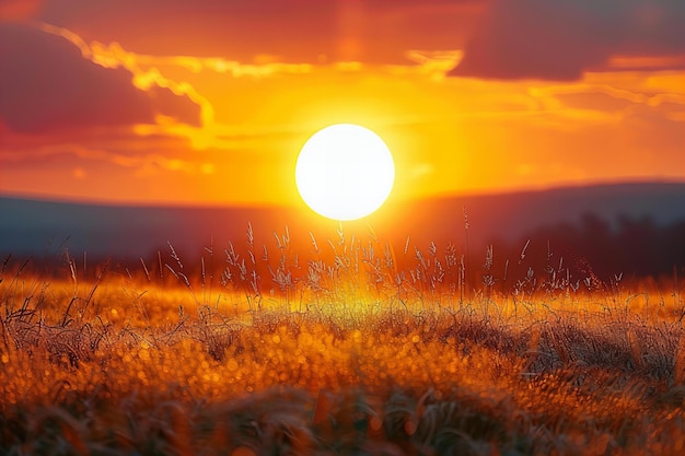 Photo a large bright yellow sun setting in the sky casting a warm glow on the landscape evoking feeling