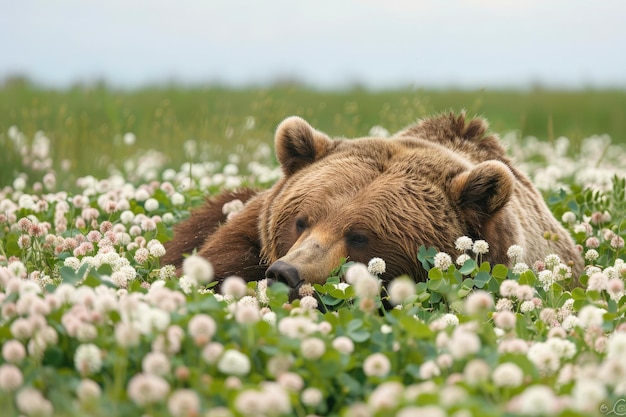 Photo a large brown bear laying in a field of flowers