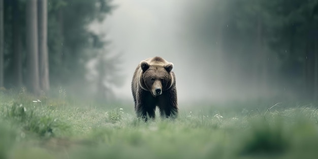 A large brown bear strolling through a misty forest in the picture Concept Wildlife Photography Forest Exploration Bear Encounter Misty Scenery Nature39s Beauty