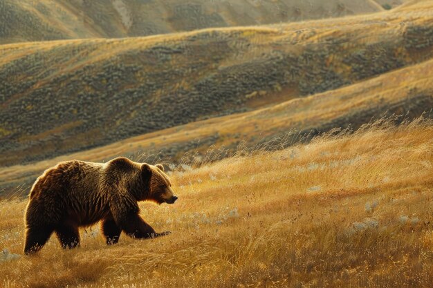 Photo a large brown bear walking across a dry grass field