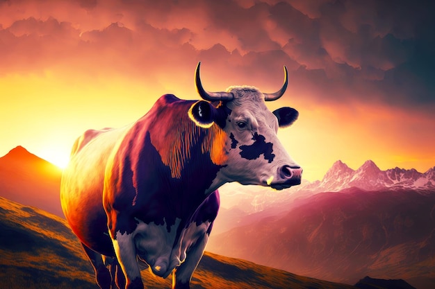 Large brown cows in summer with large horns against background of mountains