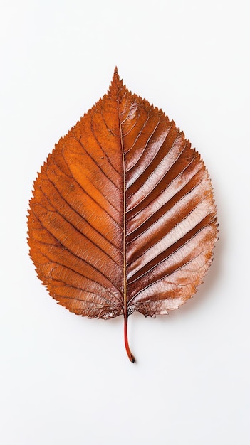 A large brown leaf with intricate veins lying flat on a white background showcasing its autumnal beauty and natural elegance