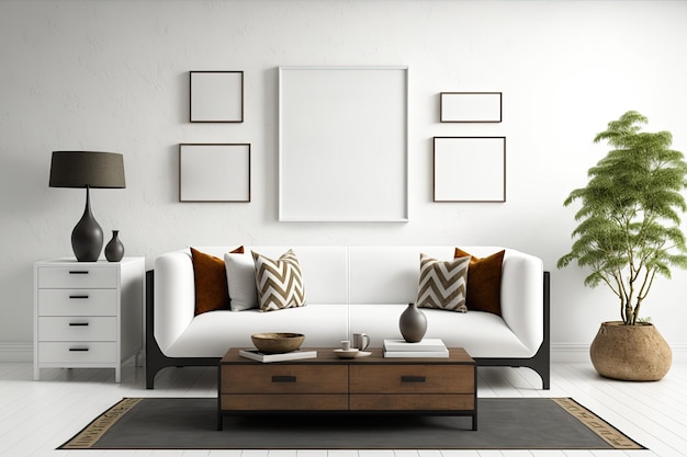 Large brown sofa white set of drawers and white coffee table in the interior of a living room