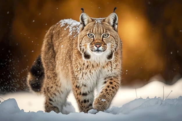 Large brown wild cat in form of bobcat walking through thick snow generative ai