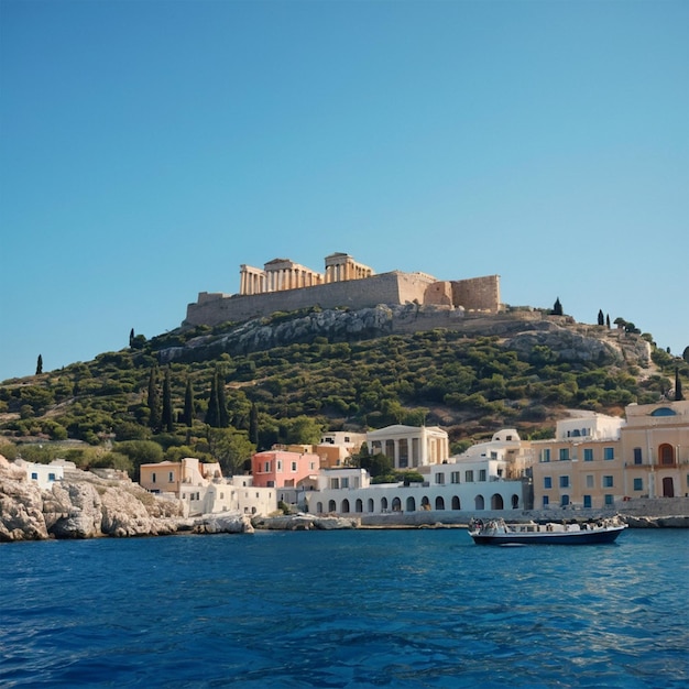 a large building sits on a hill overlooking the water