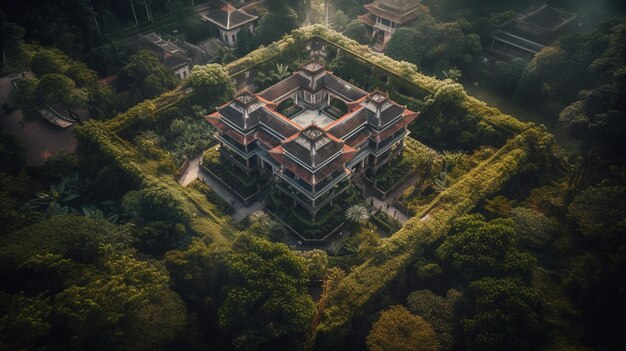 A large building surrounded by trees with the sun shining on it