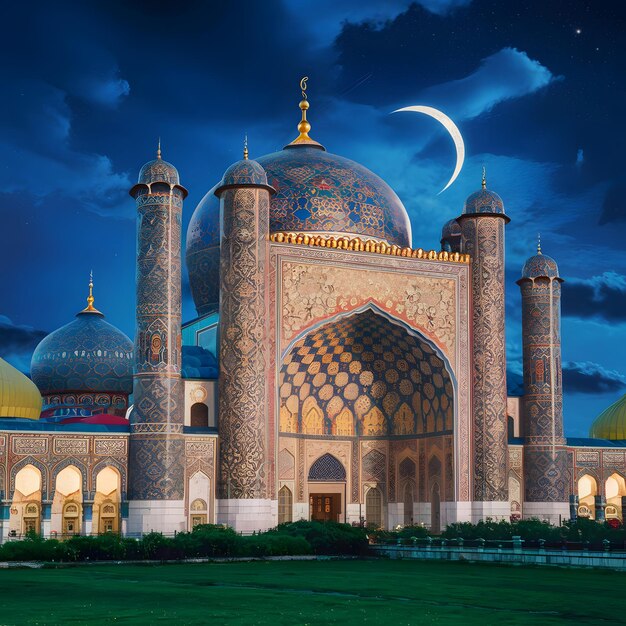 a large building with a blue dome and a large building with a moon in the background