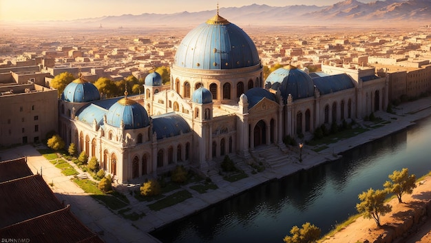 A large building with a blue roof and a lake in the middle.