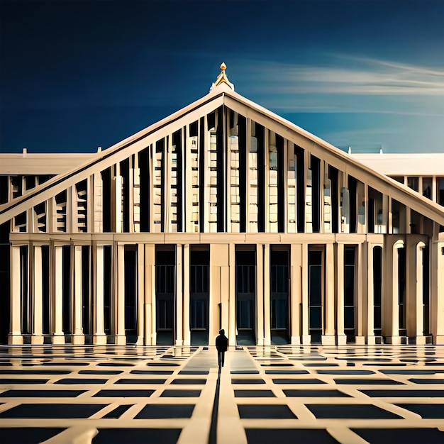 A large building with columns and a sign that says " the word " on it.