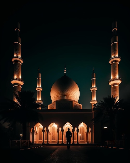 A large building with a dome and a man standing in front of it