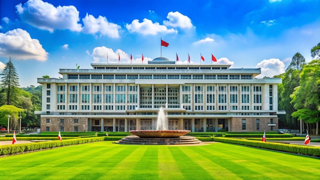 a large building with a fountain in front of it