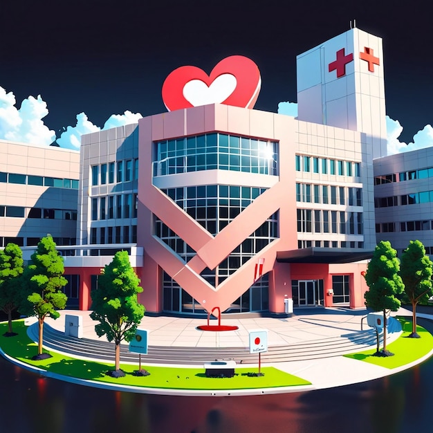 a large building with a heart on the front