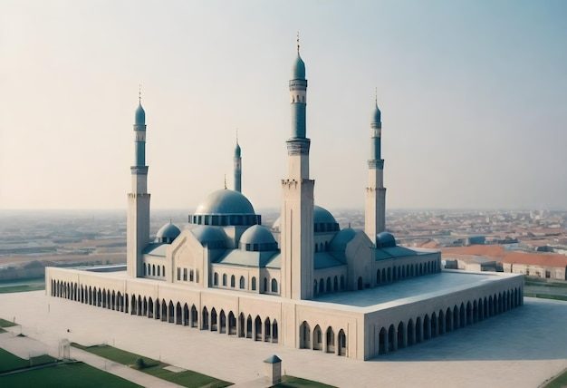 a large building with a large blue dome and a large building with a number of minarets on the top