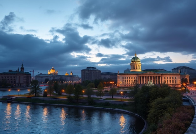 a large building with a large building in the background and a city in the background