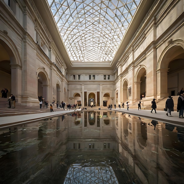 Photo a large building with a large glass ceiling that has a reflection of people walking in it