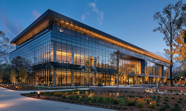 a large building with a large glass facade and a walkway leading to it