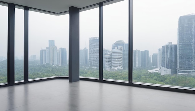 a large building with a large window that has a view of a city