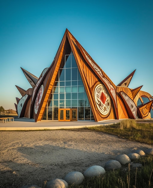 A large building with a large wooden roof with a red logo that says'the word'on it '