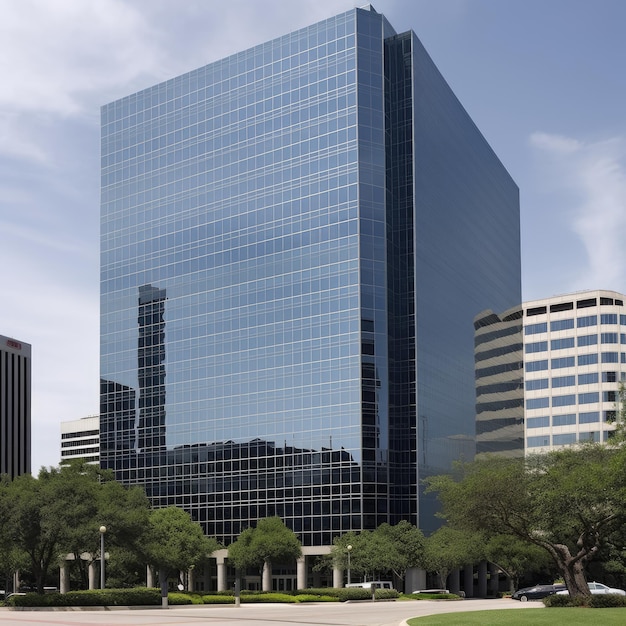 A large building with a lot of windows is in front of it.