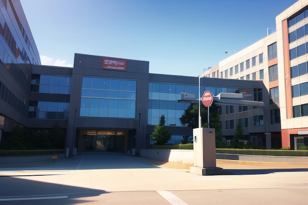 A large building with a red and white sign that says'do not enter '