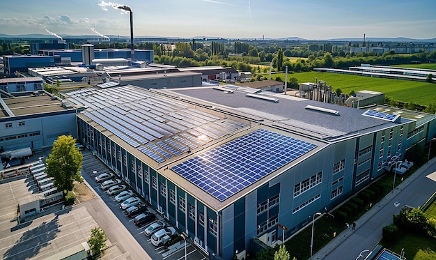 a large building with solar panels on the roof