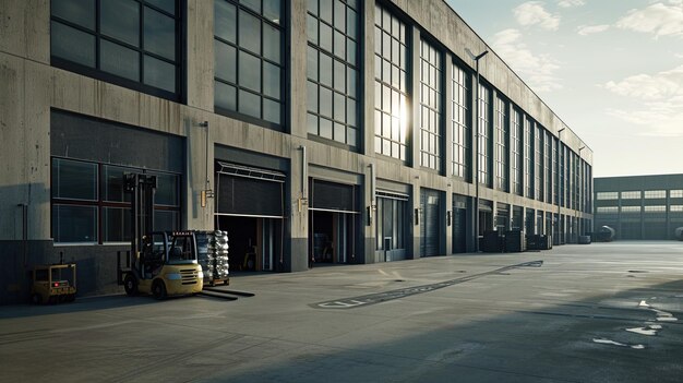 Photo a large building with a yellow van parked in front of it