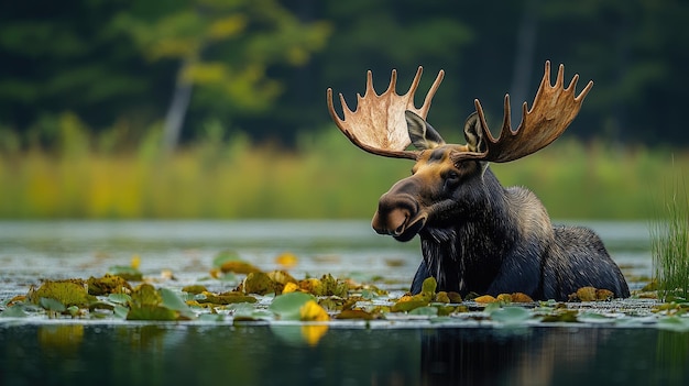 Photo large bull moose standing in water with lily pads