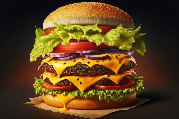 Large burger with double cheese and double serving of beef cutlets isolated on dark green background