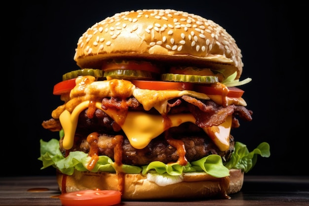 A large burger with lettuce tomatoes and pickles on a dark background