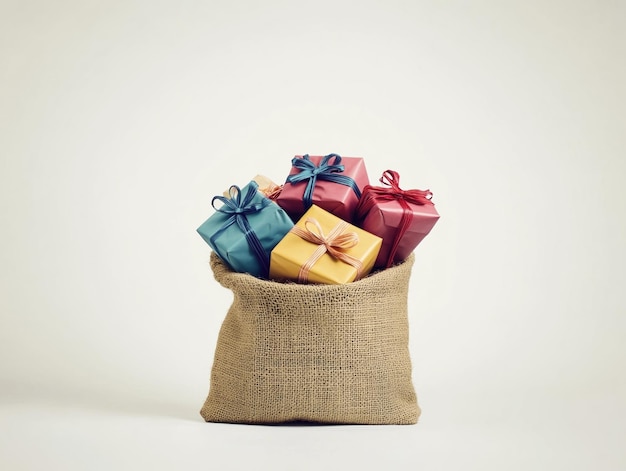 Photo large burlap sack filled with colorful wrapped christmas presents on a white background