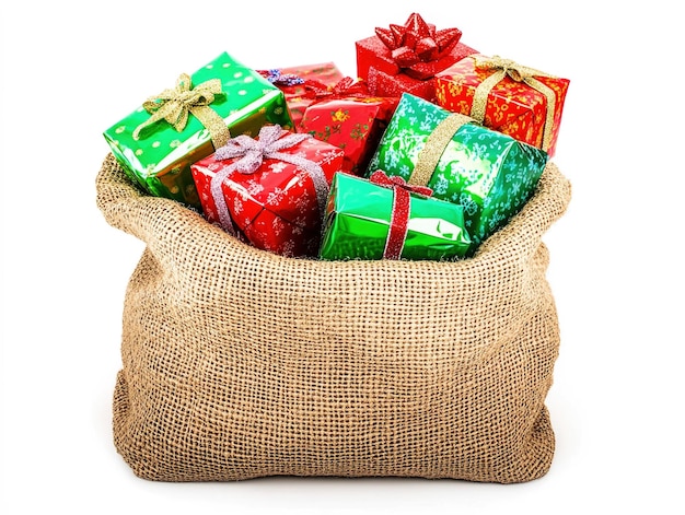 Photo large burlap sack filled with colorful wrapped christmas presents on a white background