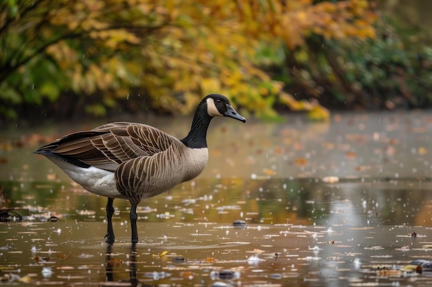 Photo large canada goose standing on one leg in a pond in autumn